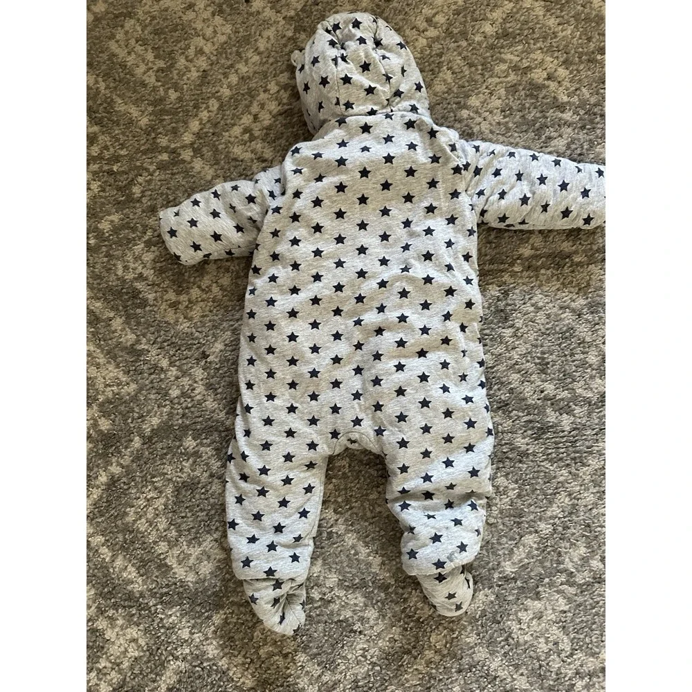 Baby Gap Sherpa Lined Hooded Ears Footed Dual Zip One Piece Gray Star 6-12 Month